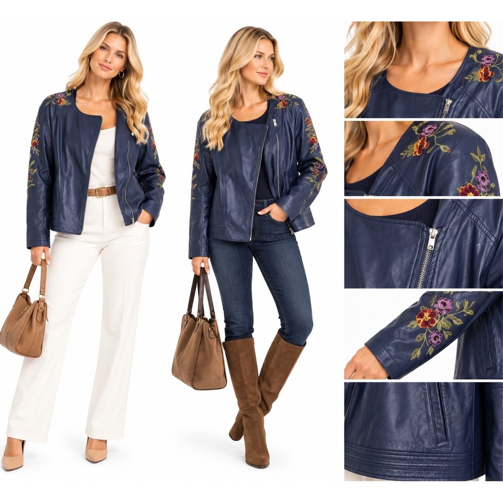 G by Giuliana 3X Moto Jacket Navy Floral Embroidered Faux Leather Biker Boho